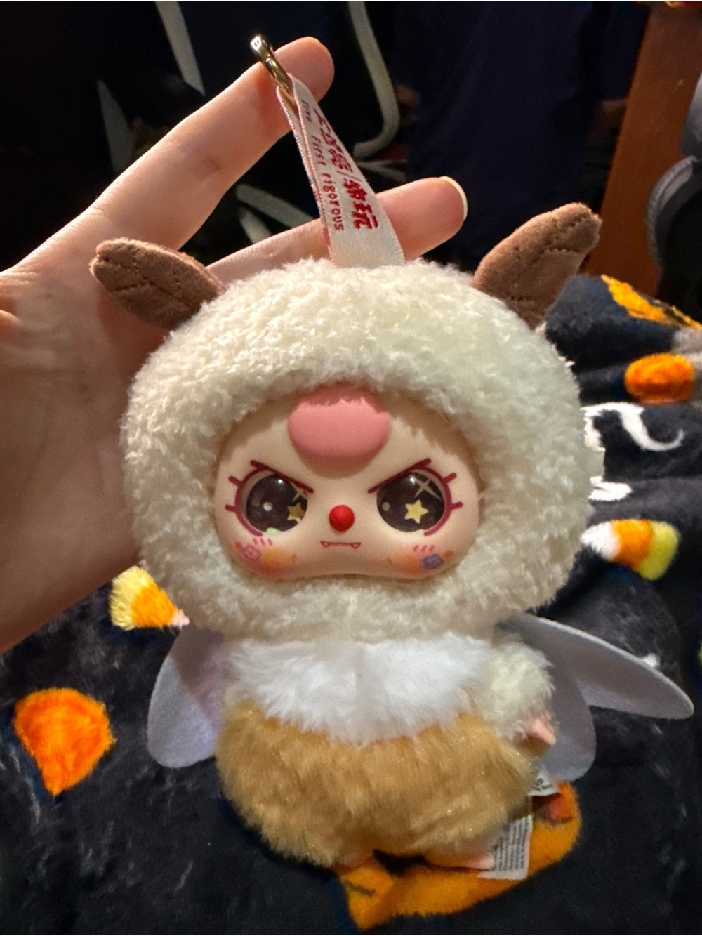 Plush Character Keychain — Cream & Tan Fuzzy Lamb with Star-Eyed Face